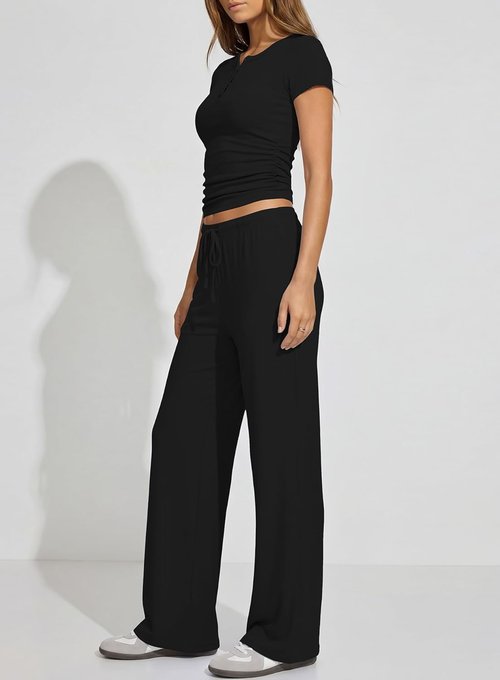 Darong Women's 2-Piece Lounge Set - Summer Short Sleeve Henley & Wide Leg Pants | Travel Outfit