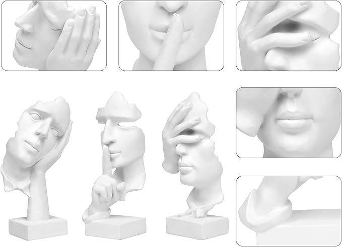 3 Pcs Thinker Statue, Silence is Gold Abstract Art Figurine, No Hear No See No Speak Modern Home Resin Sculptures Decorative Objects Decor for Home Office Bookshelf Desktop(White), A-41