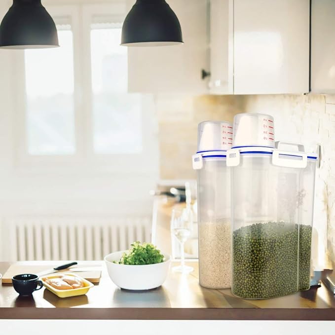 Rice Airtight Dry Food Storage Containers, BPA Free Plastic Sealed Holder Bin Dispenser with Pouring Spout, Measuring Cup for Cereal, Flour and Oatmeal, Include a Stainless Steel Whisk