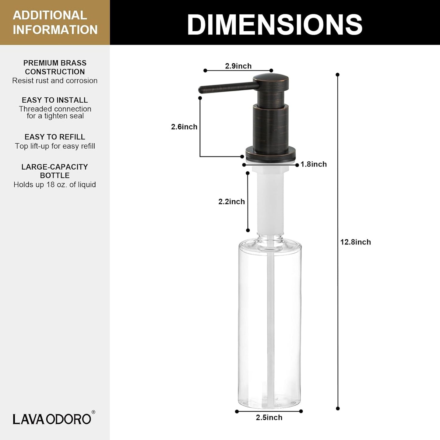 Lava Odoro Bronze Soap Dispenser for Kitchen Sink, Modern Brass Built in Countertop Pump Dispenser with 18 Oz Refillable Bottle, Kitchen Soap and Lotion Dispenser Spot-Free, Oil Rubbed Bronze, KSD-21