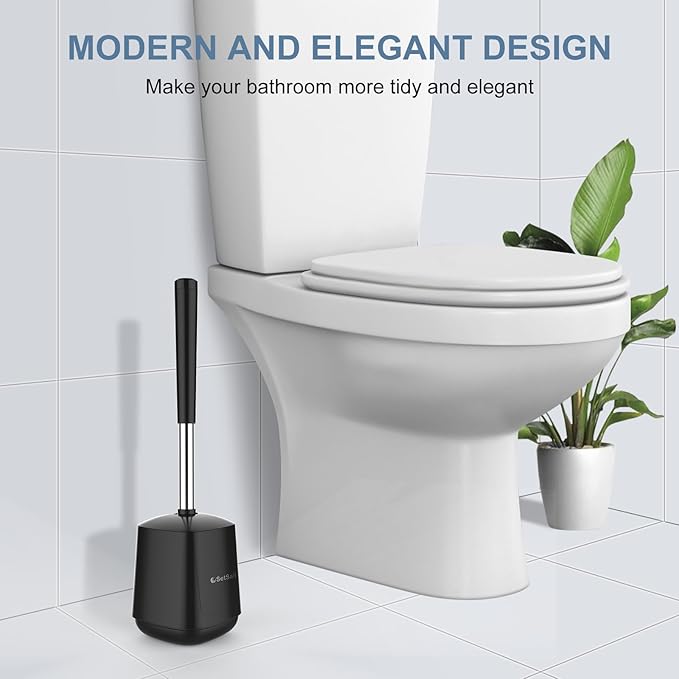 SetSail Toilet Brush and Holder, Self Closing Lid Toilet Bowl Brushes Holder and Extra Long Handle Ventilated Toilet Brush Set for Bathroom Cleaning, Nylon Bristles, 2 Packs-Black