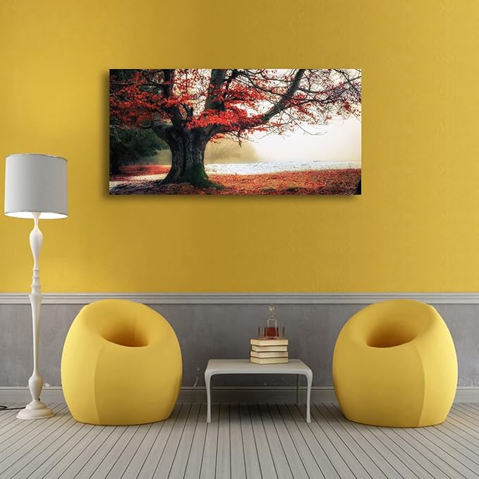Stunning Nature Landscape Wall Art - 24x48 inches Canvas Artwork of Sunrise Forest Scenery with Red Leaves. Perfect Wall Decoration for Living Room, Bedroom and More
