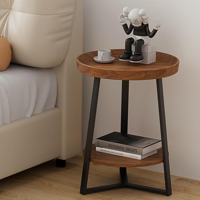 Gadroad Round End Table with Storage Shelf, 2 Tier Farmhouse Side Table Nightstand for Living Room, Bedroom, Wood Tabletop & Black Metal Frame, Brown 15.7 * 15.7 * 23.0inches