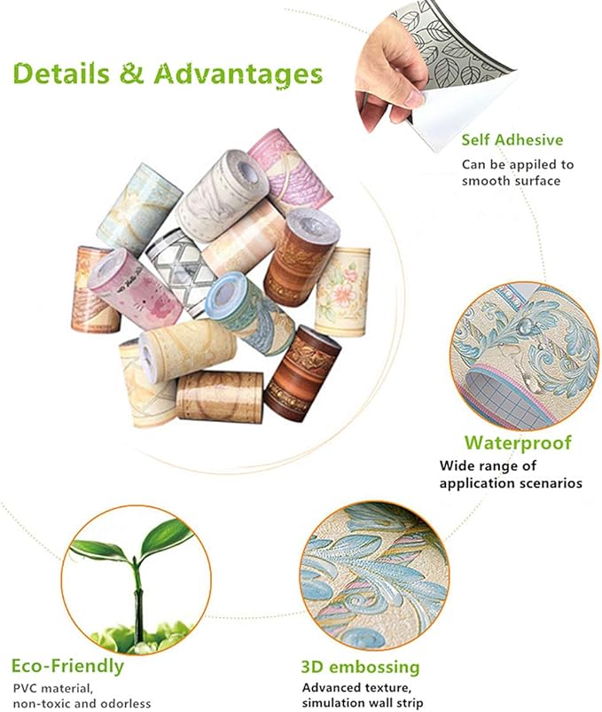 UPREDO 3D Decorative Floral Molding Waterproof Wallpaper Border Peel and Stick