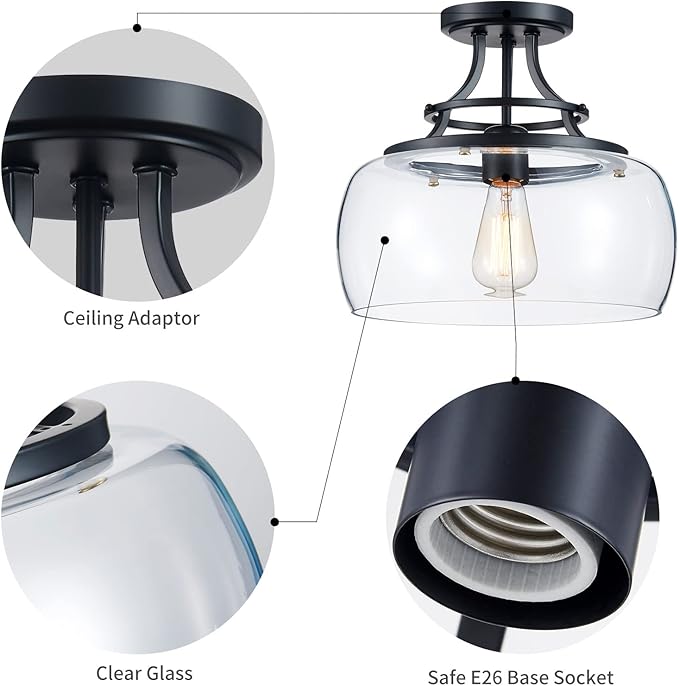 WUZUPS Chandelier Rustic Farmhouse Industrial Round Semi-flushmount Ceiling LED Light Fixture with Clear Glass Shades for Bathroom Kitchen Foyer Entryway, H 11.8" x W 13.4", E26 Base, Black