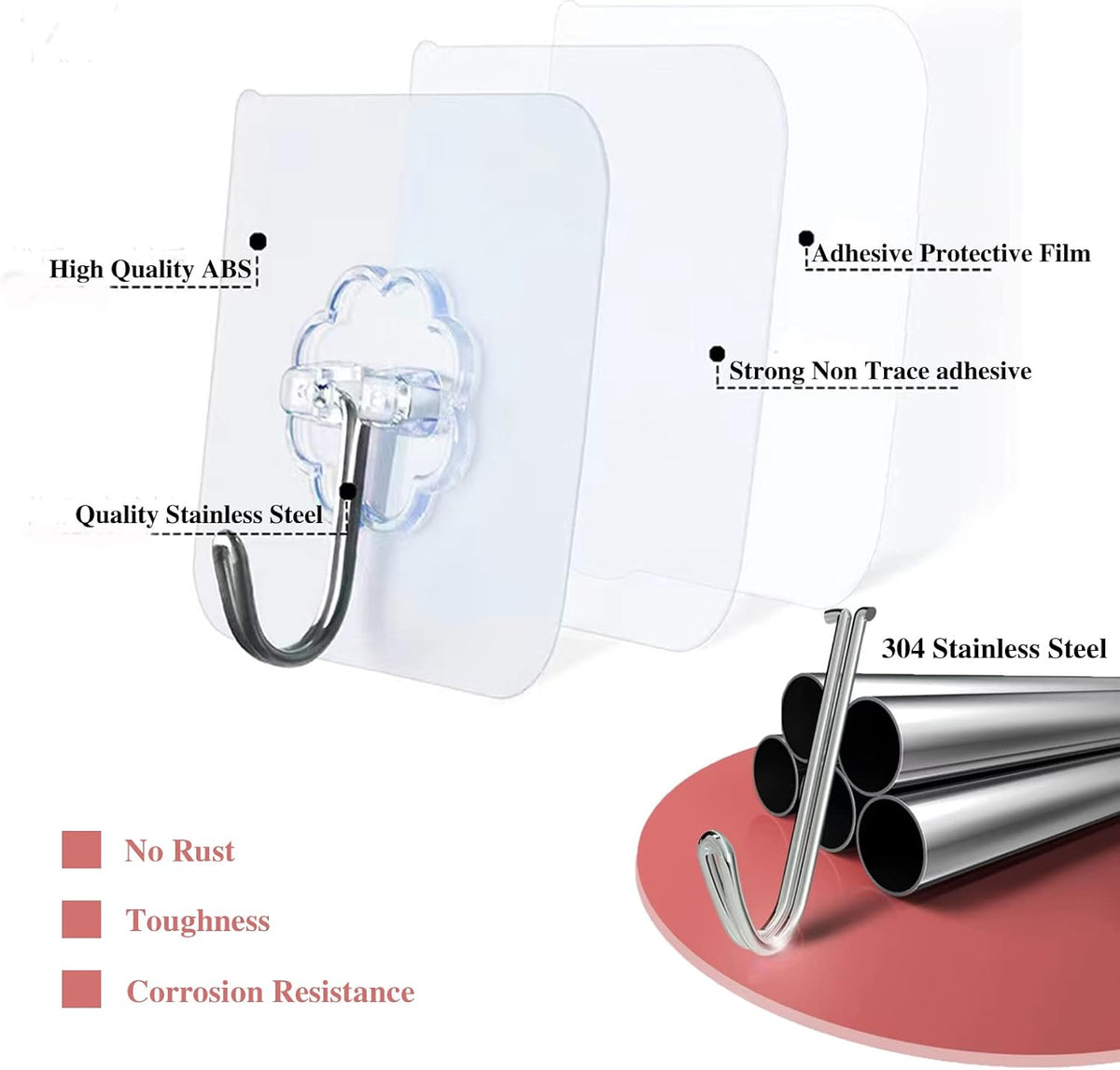 Adhesive Wall Hooks for Hanging Heavy Duty 50 lbs Large Hooks for Walls No Damage, Towel Sticky Clear Hook, Waterproof, Home, Bathroom, Kitchen, Office, and Outdoor 10 Pack