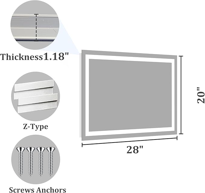 Koonmi 28"x20" LED Mirror for Bathroom, 90CRI Anti-Fog Vanity Mirror