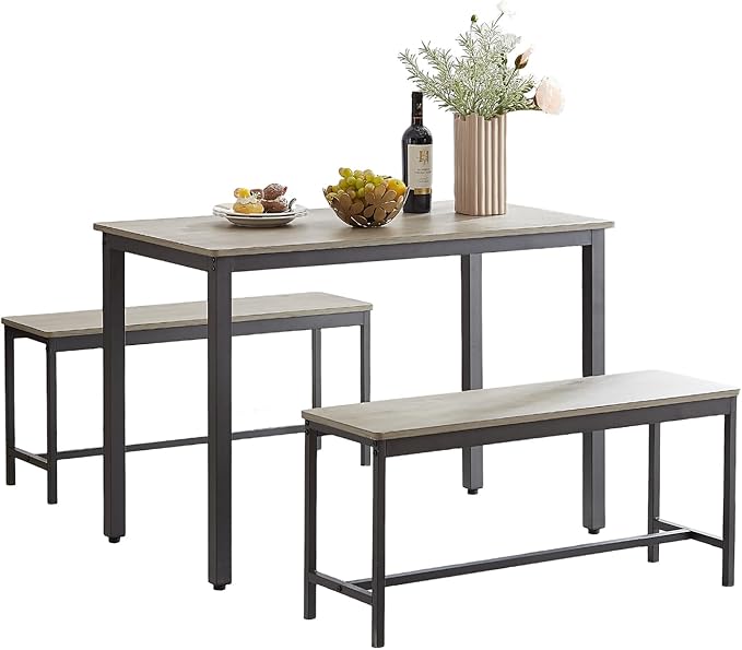 NicBex Dining Table Set for 4, 3 Piece Farmhouse Kitchen Table with 2 Benches, Small Breakfast Nook Table Set for Kitchen or Dining Room Grey