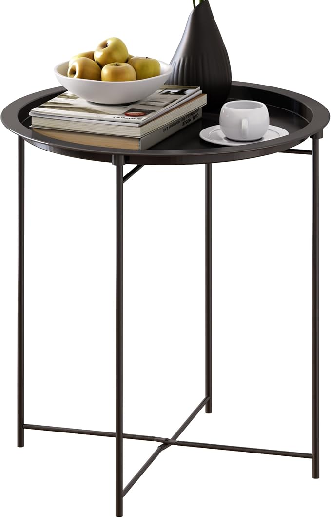 End Table Set of 2,Outdoor Side Table, Small Patio Round Folding Metal Black Side Tables for Outdoor,Living Room,Balcony and Office,Φ18.5" x 19.9"H,2 PCS