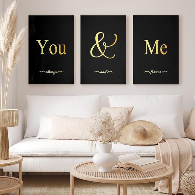GUBIYU Black and Gold Bedroom Art Love Wall Decor You and Me Word Canvas Poster