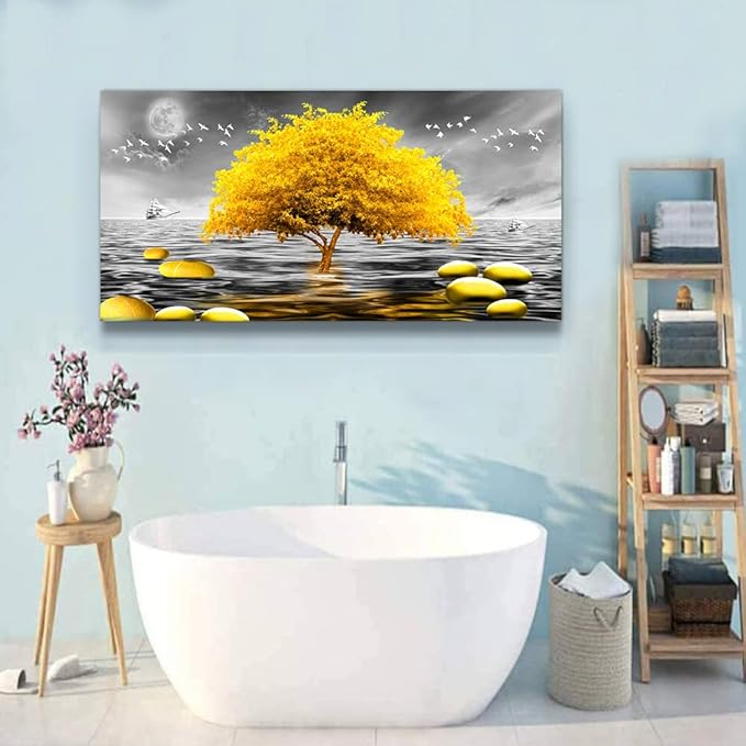 Canvas Wall Art For Living Room & Bedroom - Abstract Black & White Art, Yellow Tree Paintings - Large Wall Artworks For Home & Office Decoration