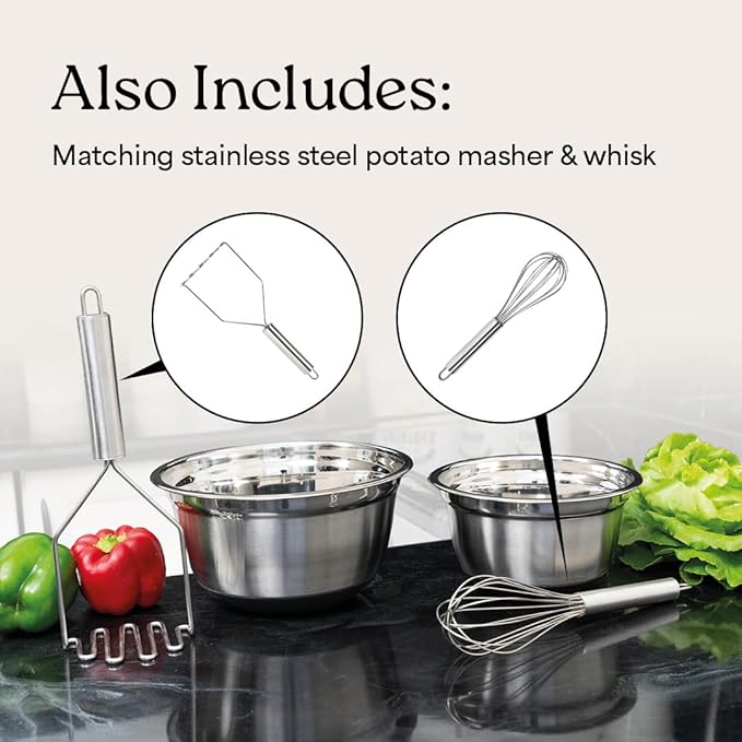 WHYSKO Stainless Steel Mixing Bowls with Lids Set - 5 Rustproof Metal Nesting Mixing Bowls for Kitchen, Meal Prep, Baking, Cooking, Storage - Includes 3 Grater Attachments, Dishwasher Safe