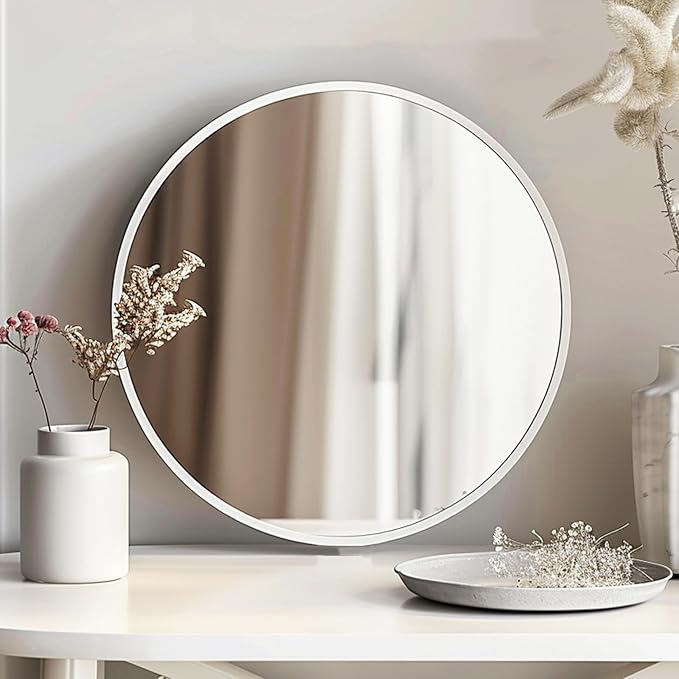 White Round Mirror 18 inch, Bathroom Mirror, Round Wall Mirrors