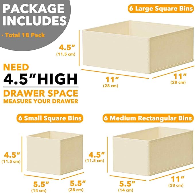 SpaceAid Drawer Organizer for Clothes, 18 Pack Dresser Drawer Organizer Bins, Closet Organizers and Storage Dividers for Clothing, Underwears, Socks (Beige)