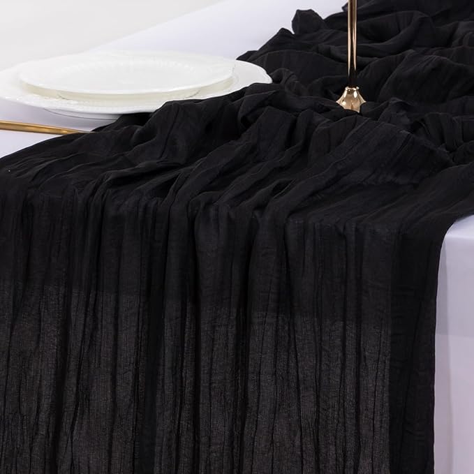 Socomi 10pcs Black Cheesecloth Table Runner Boho Rustic Gauze Fall Thanksgiving 120 inch 10FT Cheese Cloth Runner for Wedding Party Baby Shower Birthday Home Decor Holiday Decorations