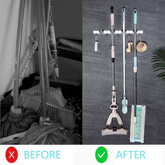 Broom Mop Holder Wall Mount Stainless Steel Tool Hanger Storage Organizer for Home, Kitchen, Garage, Garden, Laundry Room, Bathroom Organization and Storage(4 Racks 5 Hooks)