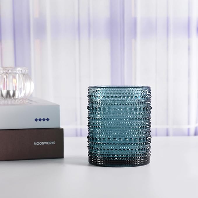 Hobnail Drinking Glasses Set of 6, Vintage Colored Glassware 11oz, Beverage Glass Cups for Water, Juice, Cocktail (Blue)