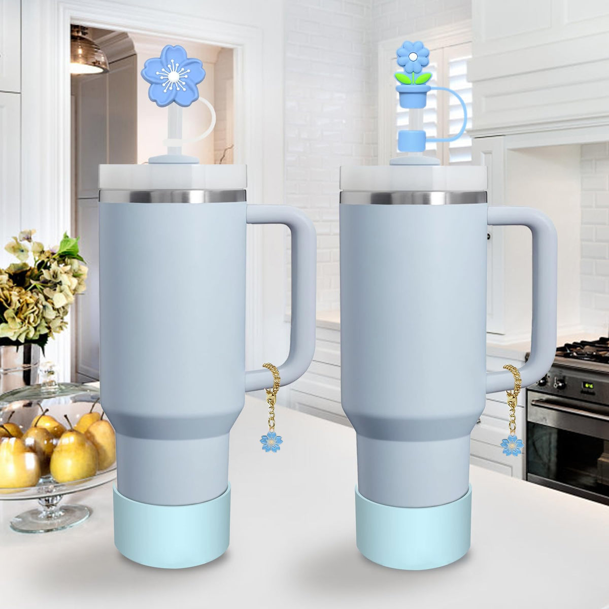 Stanley Cup Accessories Set,Including 2 Pcs 0.4in Straw Cover, 1 Silicone Spill-Proof Stopper Set of 3, 1 Cute Flower Handle Charm, 1 Silicone Boot Fits Stanley 40&30 Oz Tumbler (Blue)
