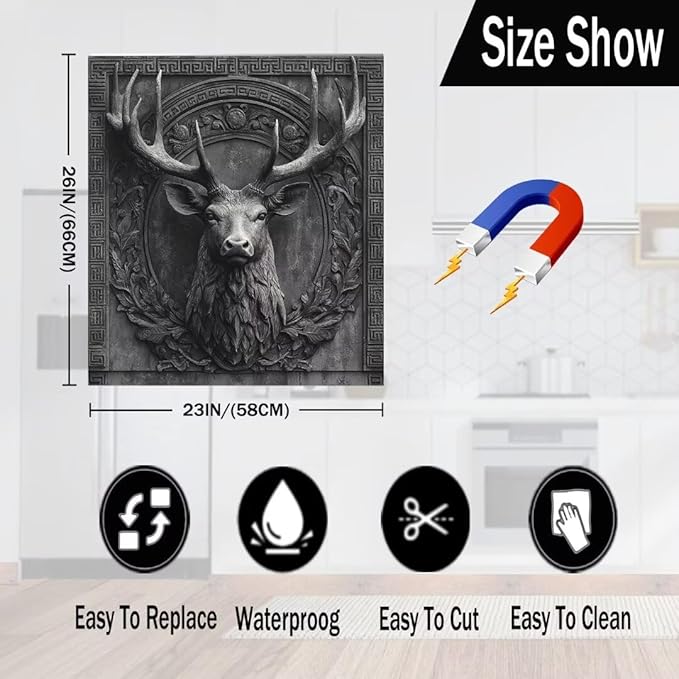 3D Deer Head Dishwasher Full Door Sticker, Gray Stone Flower Carving Refrigerator Cover for Home Appliance, Animal Deer Vinyl Decal for Dishwasher (23" x 26" Ordinary)