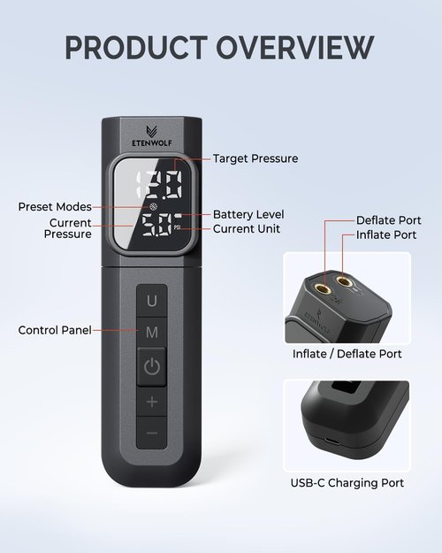 ETENWOLF P200 Electric Ball Pump 2000mAh Sports Air Pump with Digital Pressure Gauge for Basketball Soccer Volleyball (Black)