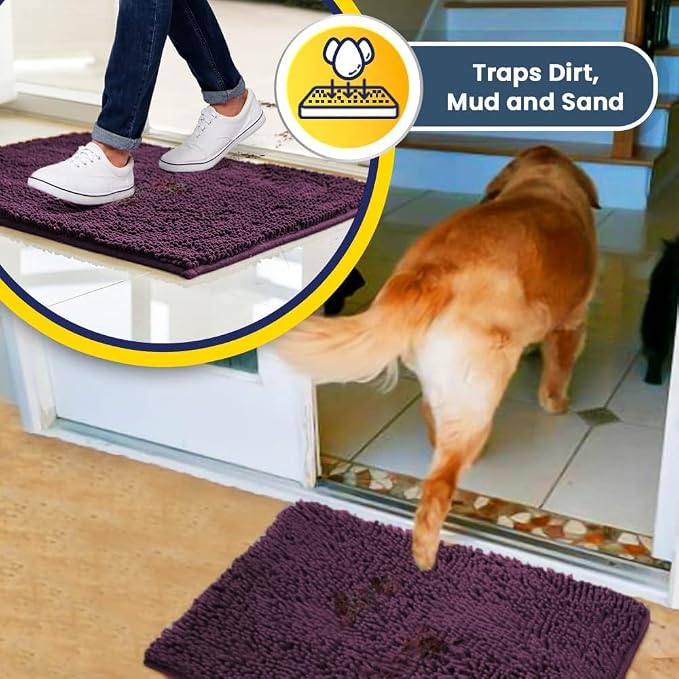 Muddy Mat® | Super Water Absorbent Door Mat Indoor, Microfiber Quick Dry Chenille Entryway Rug,Slip Resistant Front Door Mat,Indoor Mats for Entryway,Machine Washable Pet Rug, Dark Purple 3ft x 4ft