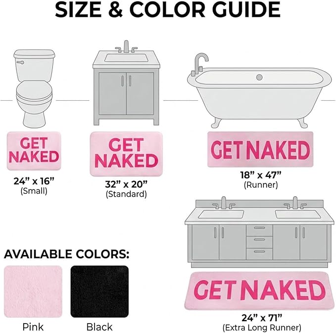 Pink Get Naked Memory Foam Bath Mat 16x24 Inch, Funny Bathroom Rugs, Cute Dorm, Apartment Decor, Soft Non Slip Absorbent Mats for Shower, Vanity