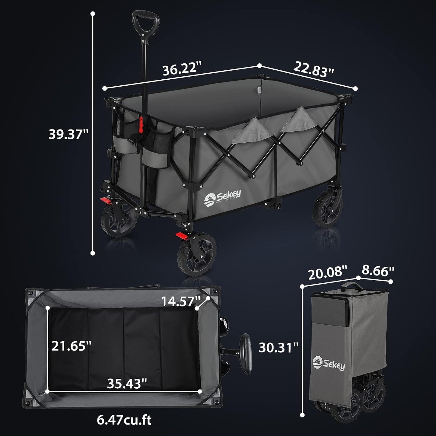 Sekey 220L Collapsible Foldable Wagon with 330lbs Weight Capacity, Heavy Duty Folding Wagon Cart with Big All-Terrain Wheels & Drink Holders (Grey)