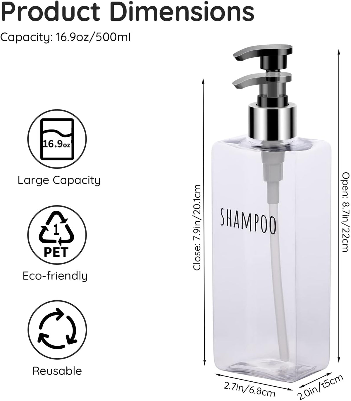 Segbeauty 3pcs Clear Soap Dispenser, 16.9oz Refillable Shampoo Conditioner Bottles, 500ml Empty Plastic Square Body Wash Dispenser for Shower Bathroom Press Pump Bottle Liquid Container Set