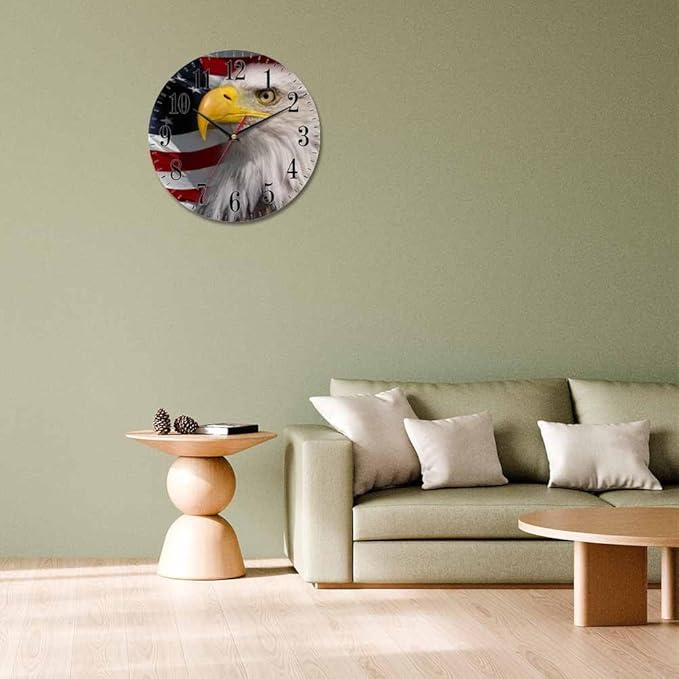 Mxocom American Bald Eagle Wall Clock USA Flag Majestic Bird Freedom 10 Inch