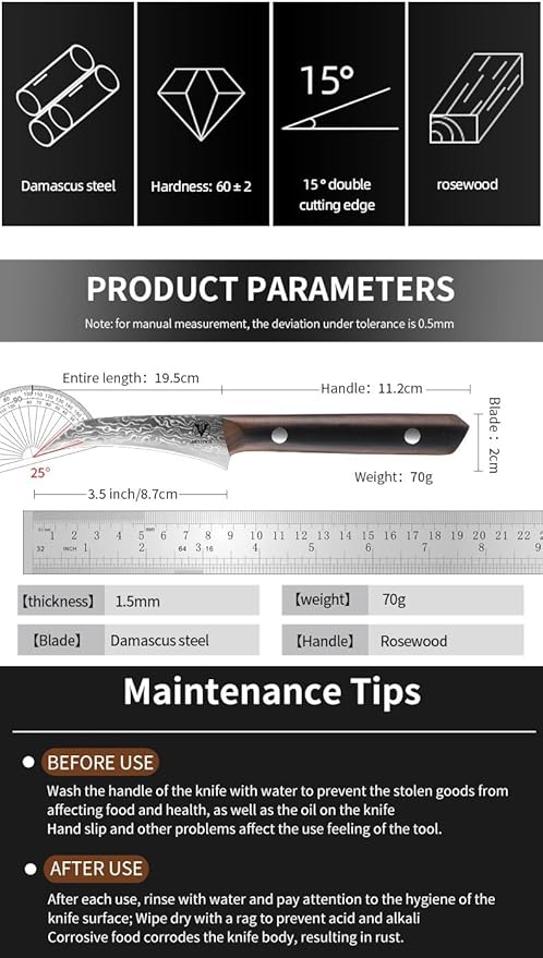 3.5" Paring Knife Damascus Steel Peel Chef Knife - 67-Layer Forged Fruit/Vegetable Knife with Natural Solid Wood Handle, 15° Double-Edged Blade, Ultra-Sharp & Corrosion Resistant