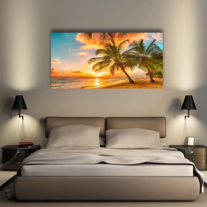 Beach Themed Wall Art Canvas Prints Seascape Picture Bathroom Décor Ocean Tree Sunset Paintings for Living Room Bedroom Office Home Kitchen Decorations 28x57 Wooden Framed Natural Landscape Artwork