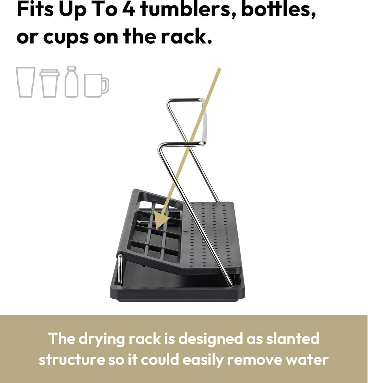 carrotez Bottle Drying Rack, Tumbler Rack with Drain Tray - Narrow and Wide Openings with Various Capacity, Mug Type and Cup Type - Black