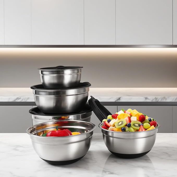 Lazycorner Mixing Bowls with Airtight Lids Set 5 Pcs Stainless Steel Bowls Set Baking Set Non-Slip Silicone Bottoms Great for Serving & Baking