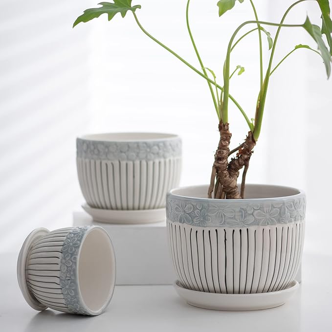 Ton Sin Grey Flower Pots,Texture Planter for Indoor Plants Set of 3 Ceramic Flower Pots with Saucer,Cute Garden Pots Succulent Pots(3 Pack,Grey