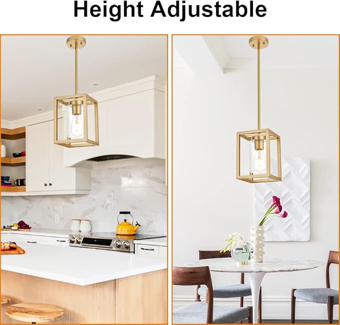 VINLUZ 1-Light Rustic Chandelier in Gold Finish Modern Industrial Pendant Lighting Fixture with Clear Glass Shade Hanging Ceiling Light for Dining Room