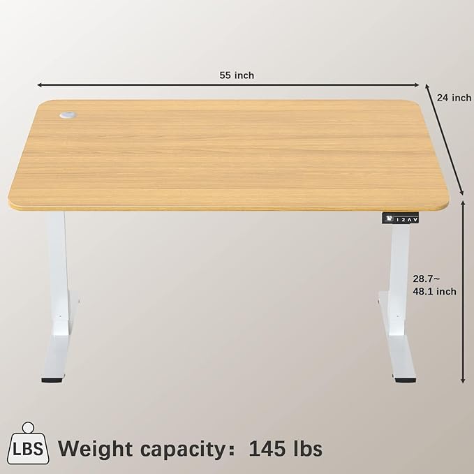 Furmax Electric Height Adjustable Standing Desk Large 55 x 24 Inches Sit Stand up Desk Home Office Computer Desk Memory Preset with T-Shaped Metal Bracket, Light Wood