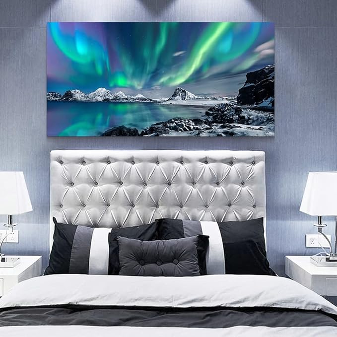 Wapluam Farmhouse Canvas Wall Art For Living Room, Bedroom & Office Decor - Blue Aurora Scenery Painting, Stretched & Framed, Ready To Hang