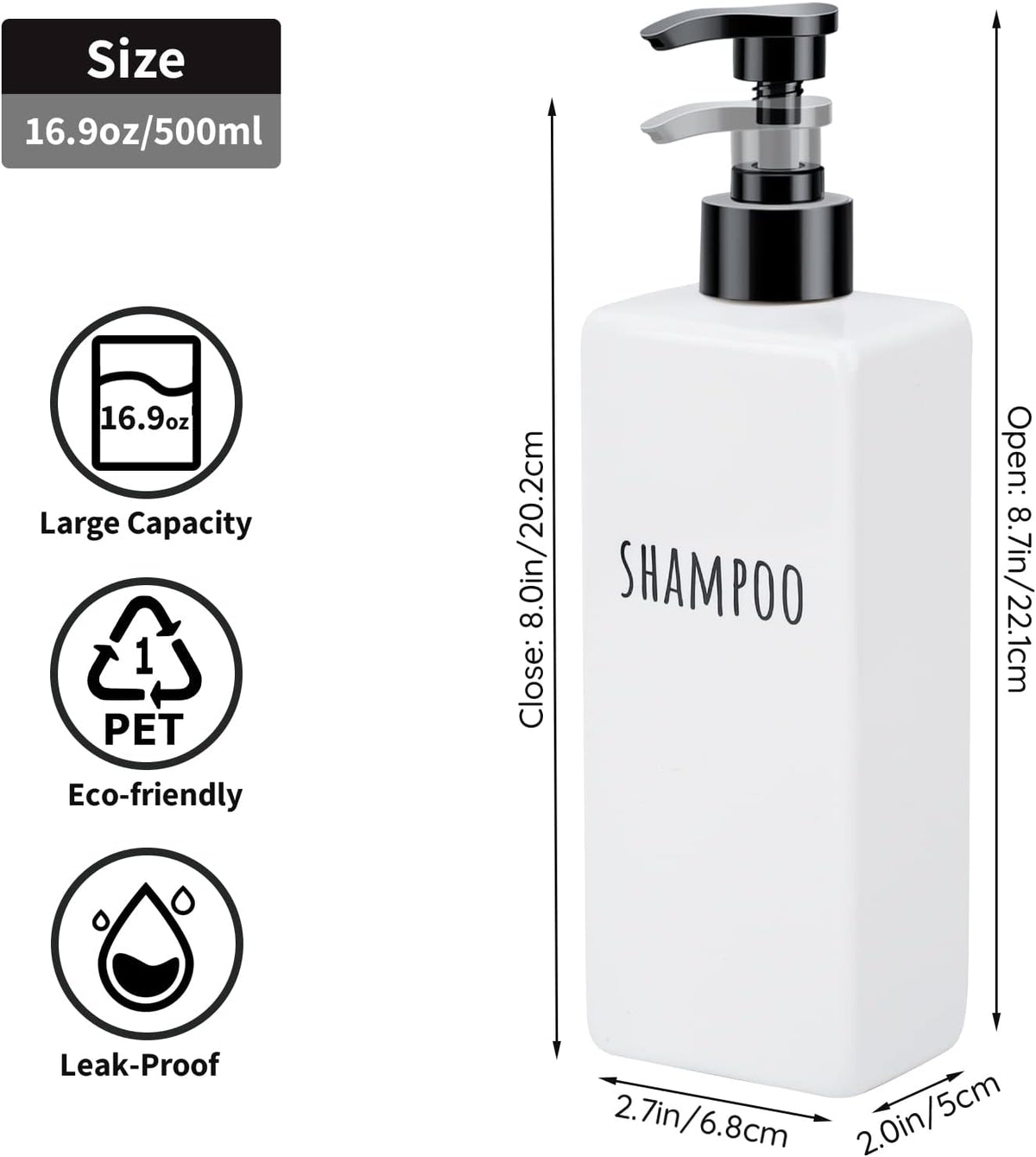 Segbeauty Plastic Soap Dispenser, 3pcs 16.9oz Refillable Shampoo Bottles White, 500ml Empty Square Pump Press Bottle Shower Dispenser Lotion Container for Modern Bathroom Hotel Kitchen
