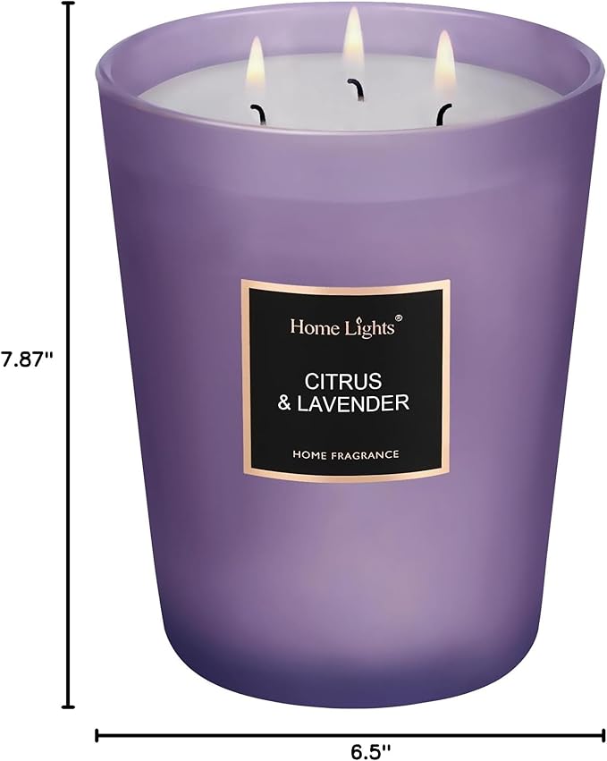 HomeLights Scented Candles - Large Jar Aromatherapy, Natural Soy Wax, 130 Hour Long Burning, Citrus & Lavender