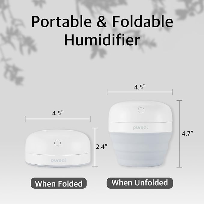 Pureal Foldable Mini Humidifier, 500ML Portable Small Cool Mist for up to 10 Hrs, for Baby Bedroom Travel Office Home, Auto Shut-Off, 3 Mist Modes, Super Quiet