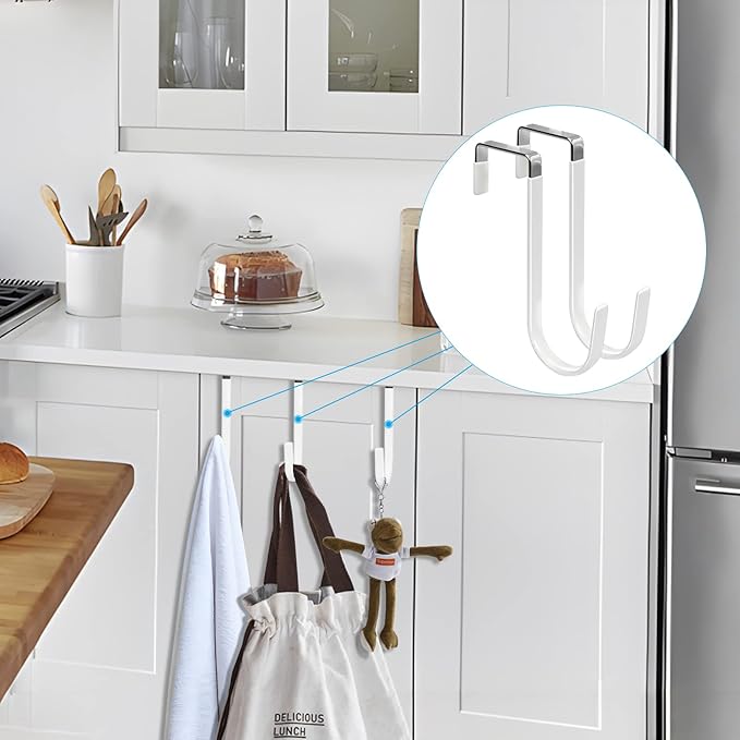 FYY Over The Door Hooks, 4 Pack Hangers Hooks with Rubber Prevent Scratches Heavy Duty Organizer for Living Room, Bathroom, Bedroom, Kitchen Hanging Clothes, Towels, Hats, Coats, Bags White