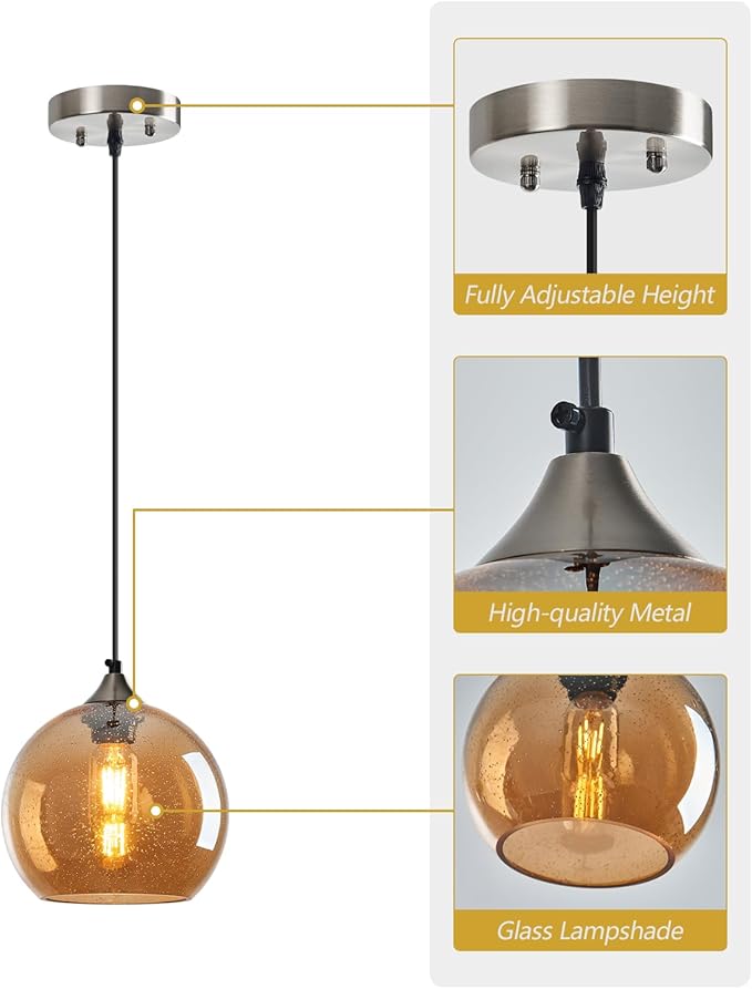 Amber Glass Pendant Lights Kitchen Island Lighting Globe Pendant Light Fixtures Modern Pendant Lighting for Bedroom Living Dining Room Light Fixture (7.87 in, 2 Pack)