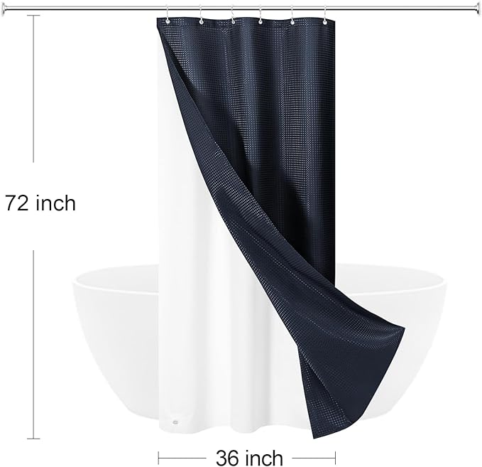 3 in 1 Stall Half Size Navy Blue Shower Curtain Set-36 W x 72 H, Modern Waffle Waterproof Fabric and PEVA Liner Set with Stainless Steel Hooks
