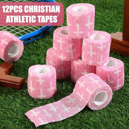Geiserailie 12 Pack Christian Athletic Tapes 2 Inch x 5 Yards Self Adhesive Bandages Sports Wraps Breathable Elastic Wrap Non Woven Bandage for Wrist, Ankle, Baseball Football(Pink)