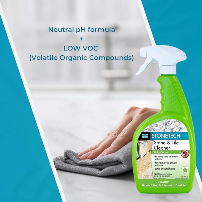 StoneTech Stone & Tile Cleaner Spray – Daily Cleaner for Granite, Marble, Ceramic, Porcelain & Stone – Removes Spills, Dirt & Grease – pH Neutral - 2-Pack, 24oz each + 2 Microfiber Cloths