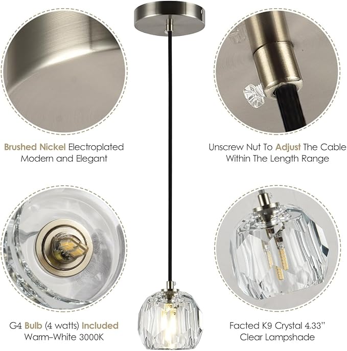Brushed Nickel Pendant Light, Small Island Pendant Light Fixture for Kitchen, Modern Prism Crystal Single Pendant Hanging Light for Dining Room Bar