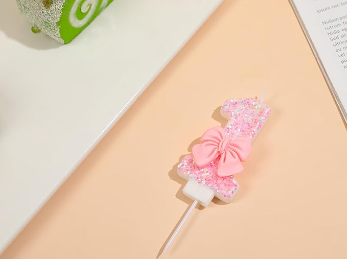 Number 15 Candle Pink Sequins and Bowtie 15th Cake Topper, 15 Birthday Candle for Girls Pastel Sweet Theme Birthday Party or Adults Milestone Age Decoration