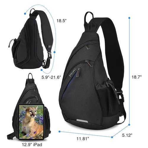 mixi Sling Bag Men Backpack Unisex One Shoulder Bag Hiking Travel Backpack Crossbody with USB Port for Men Women Versatile Casual Daypack-19 inch,Black
