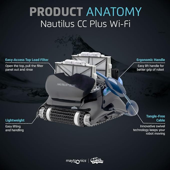 Dolphin Nautilus CC Plus Wi-Fi Automatic Robotic Pool Vacuum Cleaner, Always Cleaning, Never Charging, with Wall Climbing Scrubber Brush, Ideal for In-Ground Pools up to 40 FT in Length