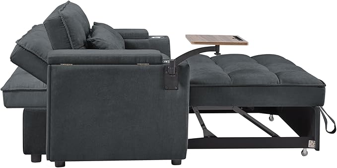 65'' 3-in-1 Folding Convertible Sofa Bed, Pullout Sofa, Modern Chenille Fabric, 360° Swivel Side Table, Easy Assembly, Perfect for Living Room, Grey